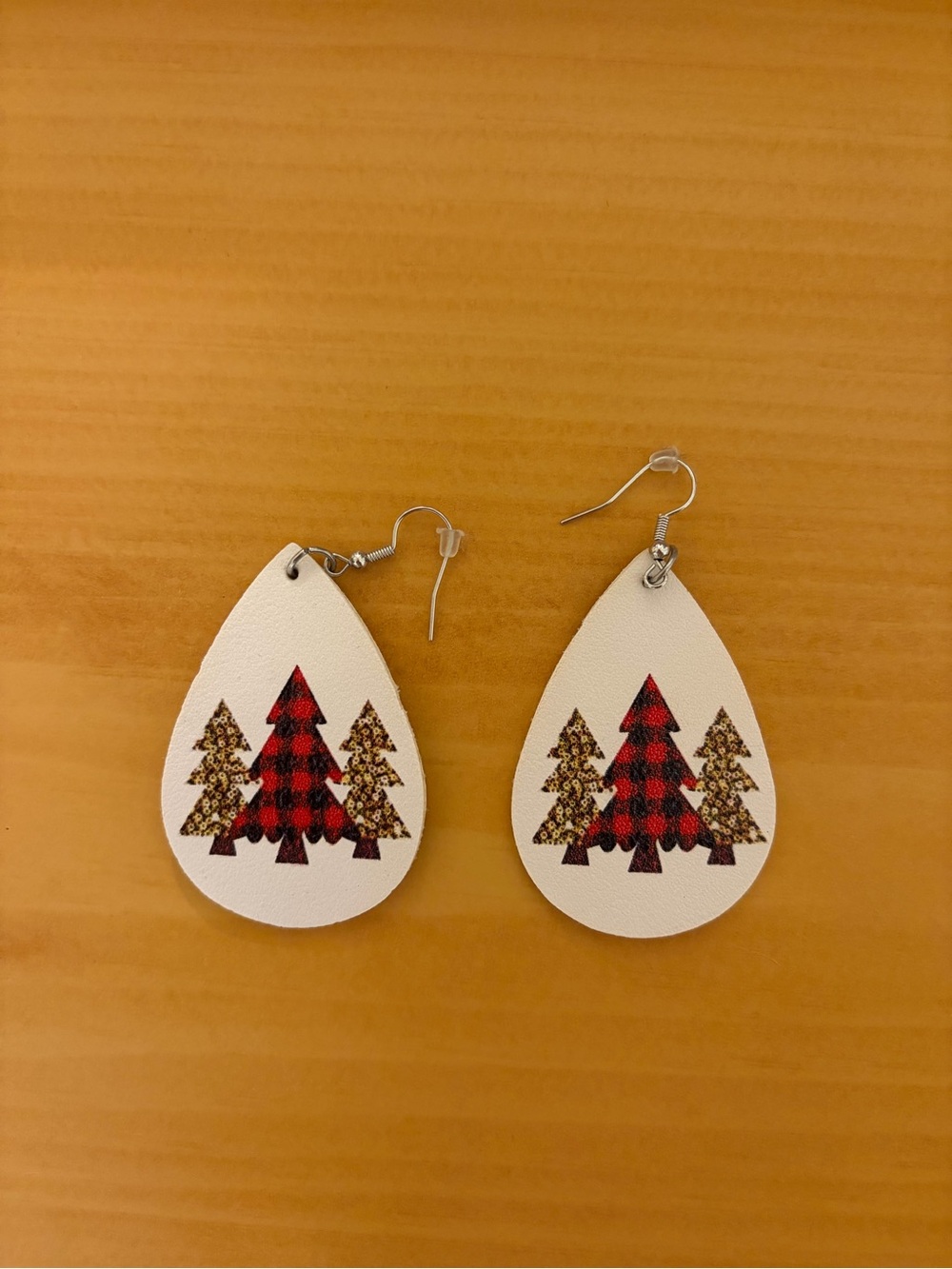 Leather Teardrop Earrings with Red Plaid and Gold Tree Design